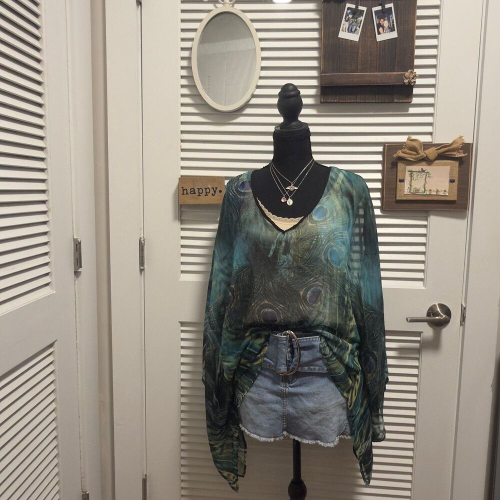Bohemian Peacock Print Blue Green Sheer Blouse